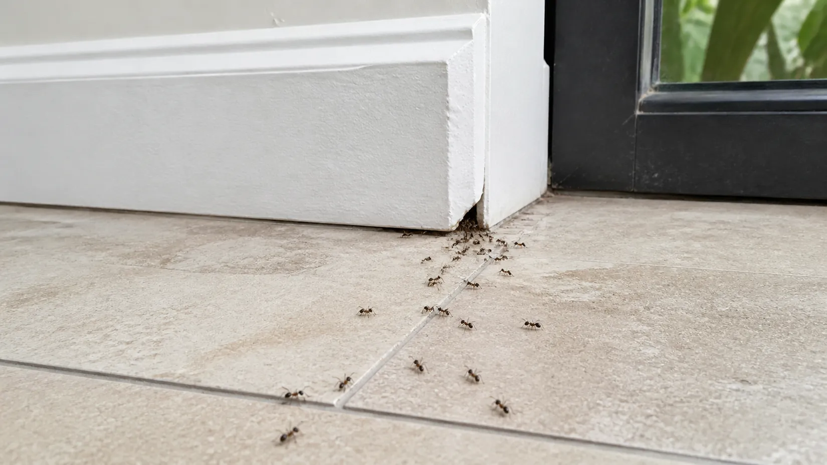 Trail of ants coming out from a gap under white skirting onto a tiled floor beside a glass door