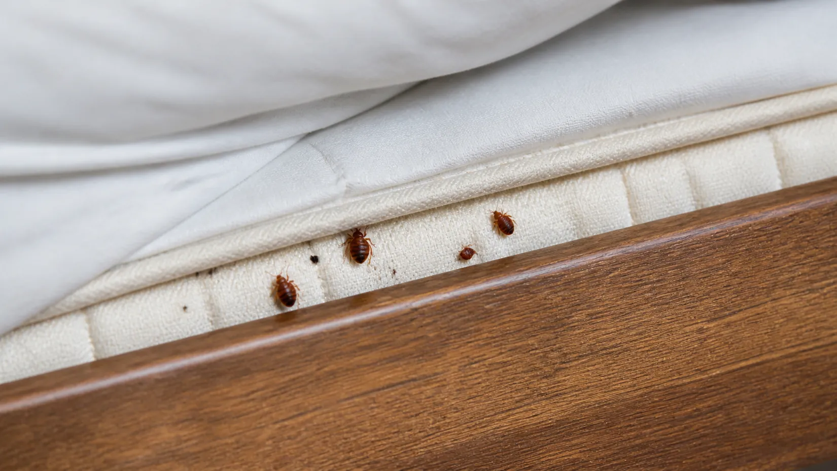 Bed bugs along the seam of a mattress where it meets a timber bed frame