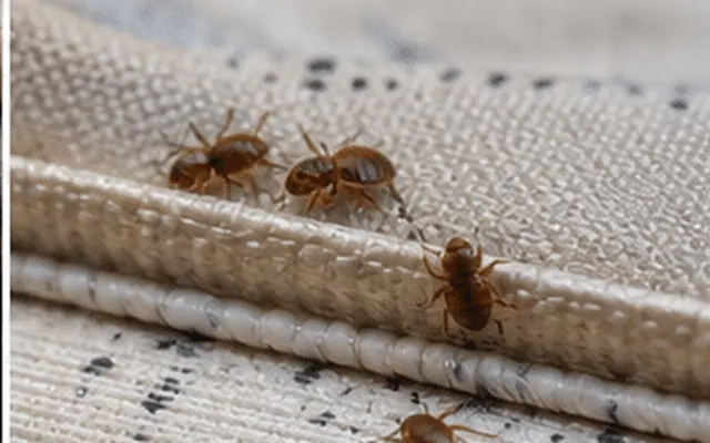 Young and adult bed bugs of different sizes along mattress piping with dark spotting