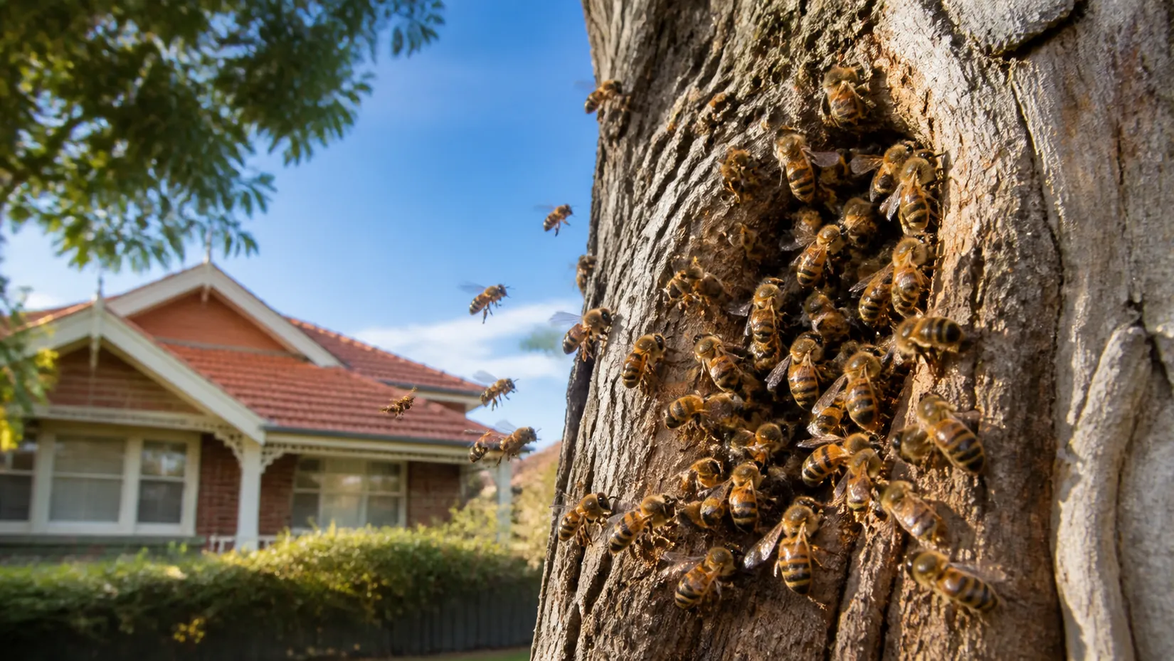 Honey bees clustered on a tree trunk beside a Melbourne house