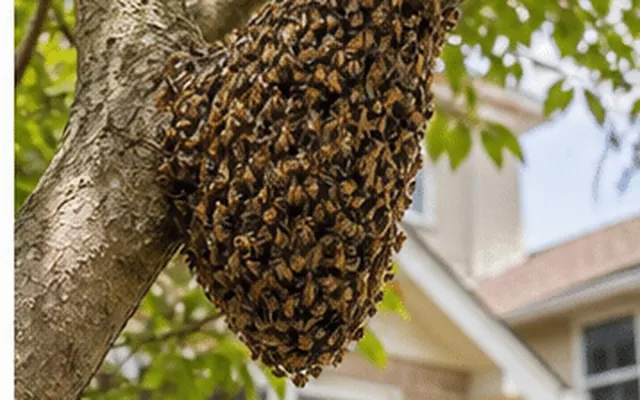 Honey bee swarm hanging in a cluster from a tree branch near a house