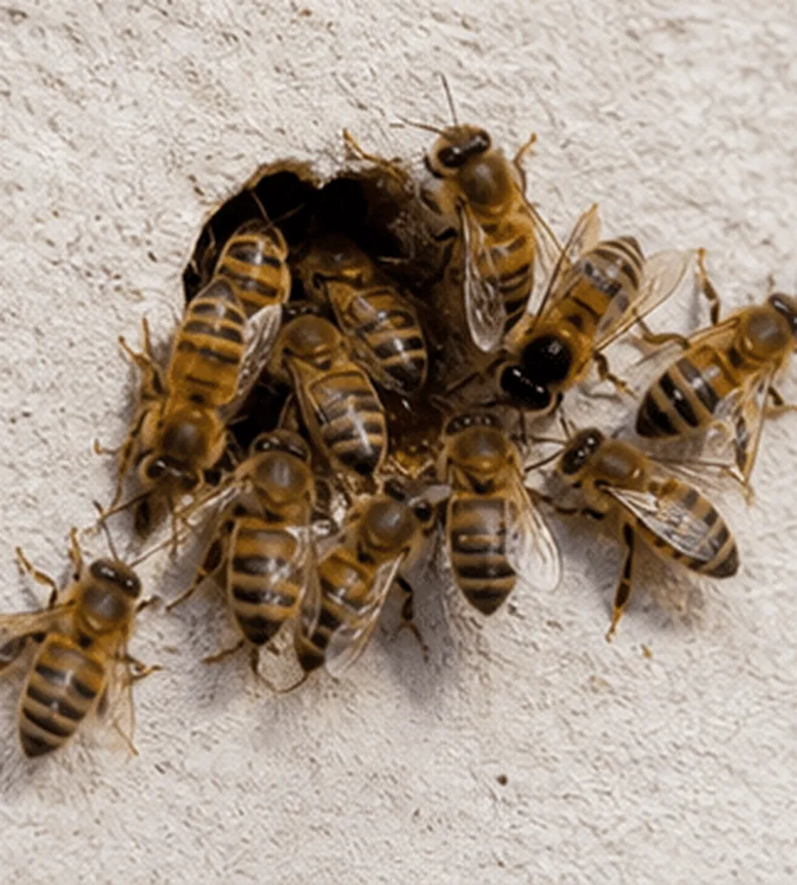 Honey bees gathered around a hole in a rendered wall where a colony is living inside