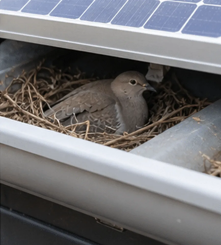 Dove sitting on a twig nest in a roof gutter under the edge of a solar panel
