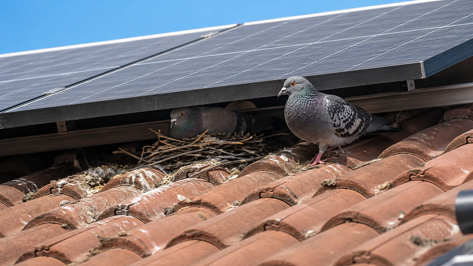 Feral pigeons nesting in the gap under solar panels on a terracotta tiled roof