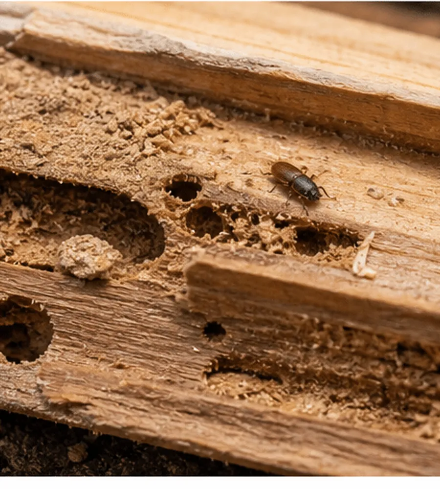 Small beetle beside exit holes and tunnels in damaged timber