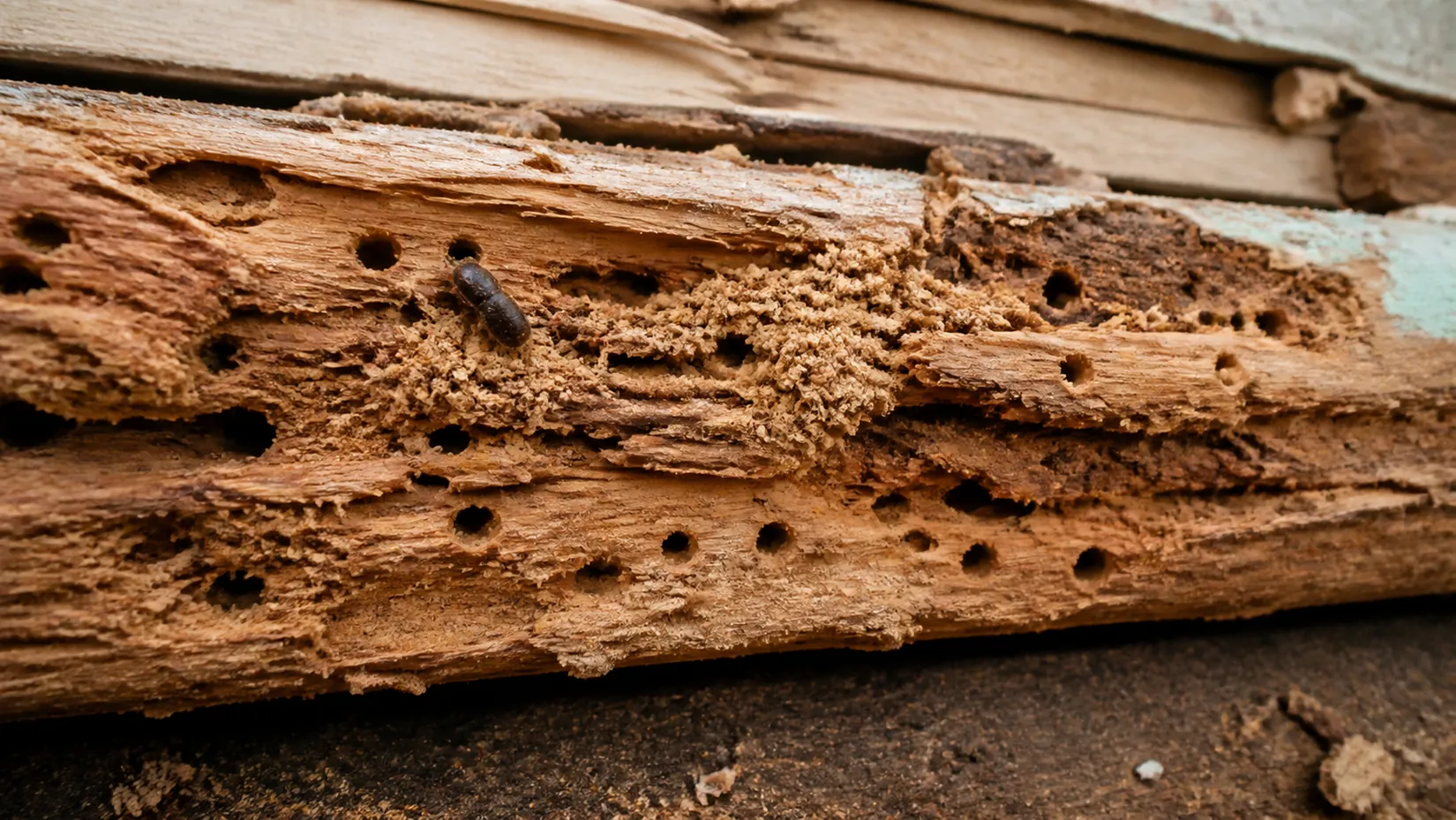 Old timber riddled with round borer exit holes and powdery frass, with a small beetle