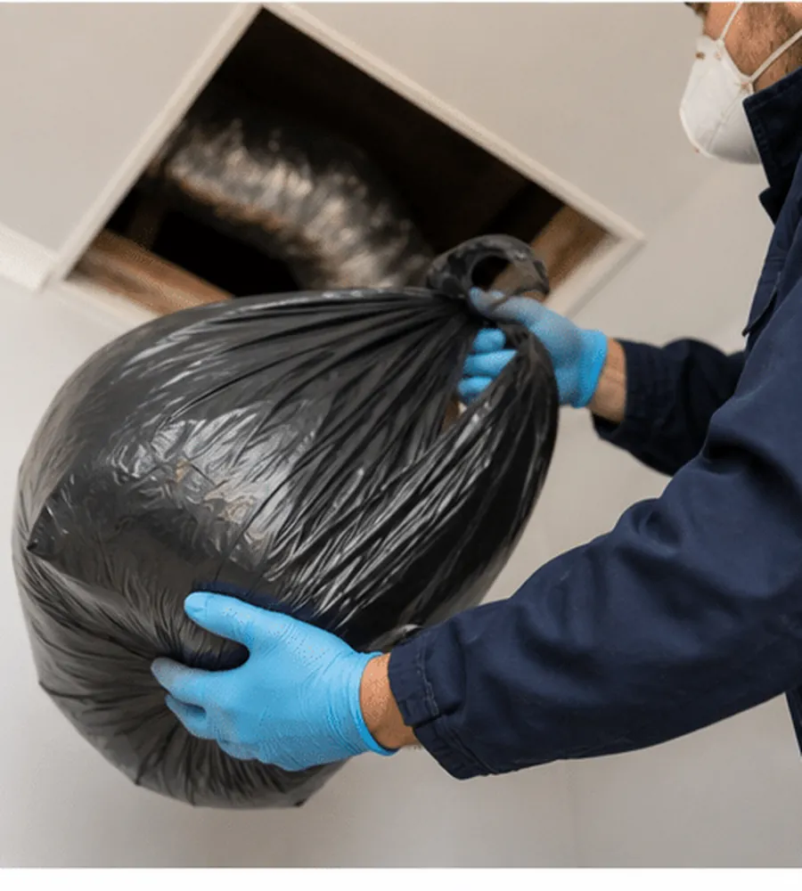 Gloved technician holding a tied black bag beneath an open ceiling manhole