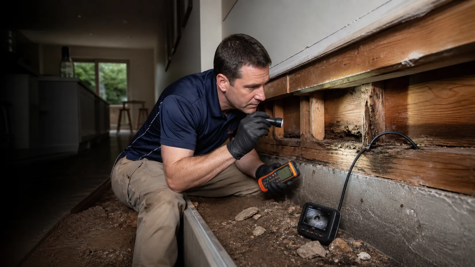 Pest control technician checking along the base of a wall inside a home with a torch and inspection camera