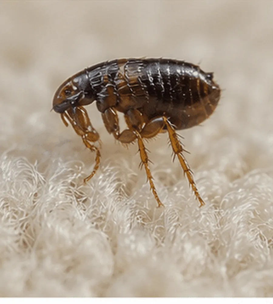 Close view of an adult flea standing on carpet fibres