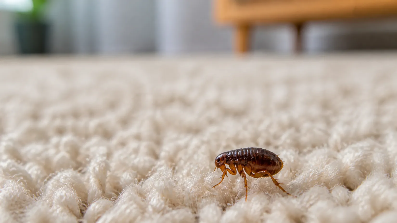Adult flea on a cream carpet in a living room