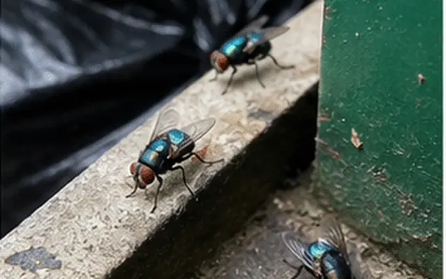 Metallic blue green blowflies on the edge of a bin