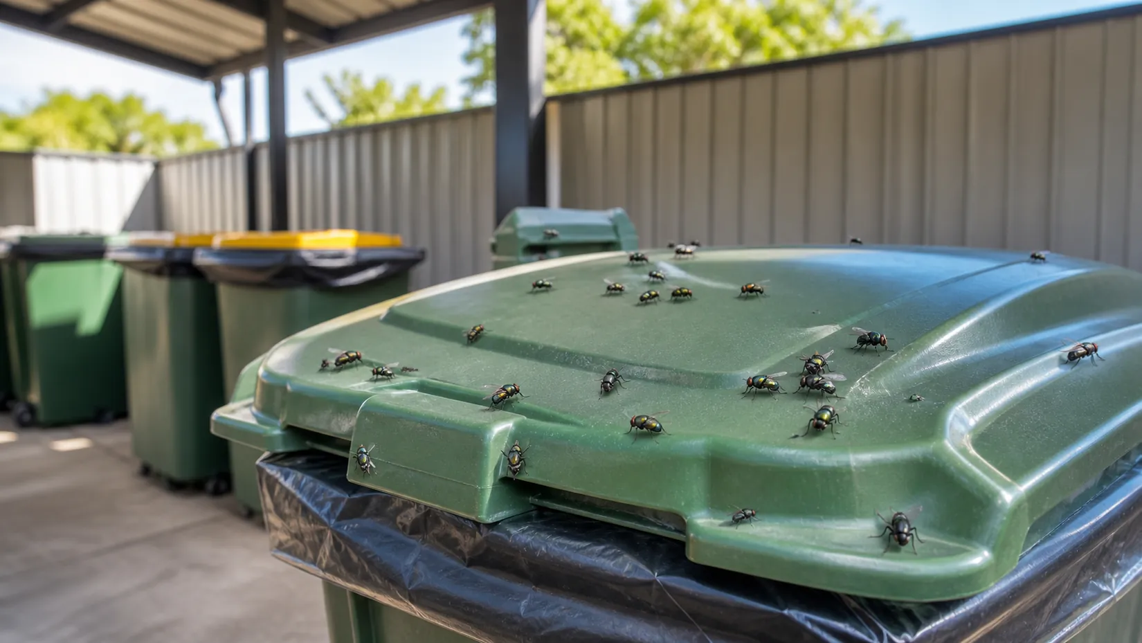 Flies crowding on the lid of a green wheelie bin in a side yard bin area