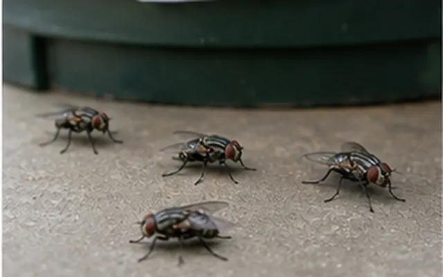 House flies on concrete beside a bin
