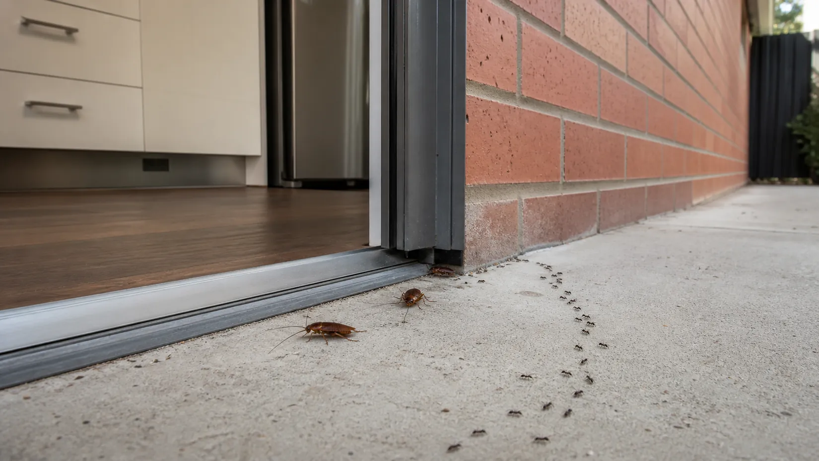 Ants and cockroaches coming in across the threshold of an open sliding door into a kitchen