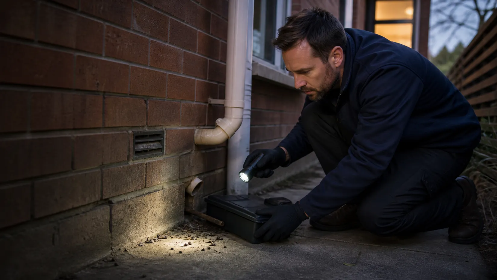 Pest control technician inspecting a brick wall vent with a torch at a Melbourne home
