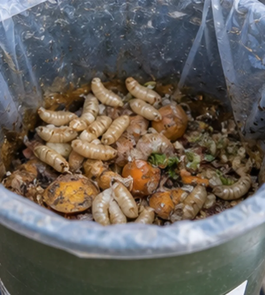 Maggots in food waste inside a bin