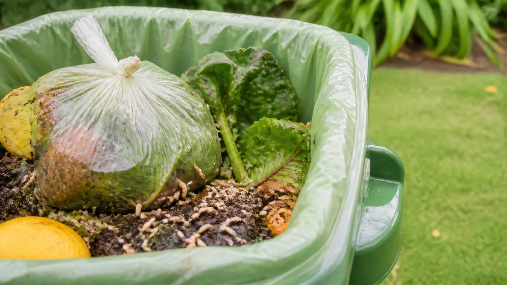 Food scraps with maggots inside a green kitchen caddy liner in a garden