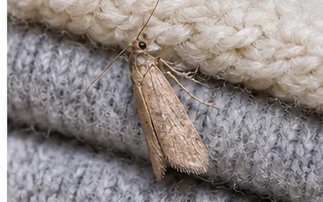 Small pale moth resting on grey and cream wool knitwear
