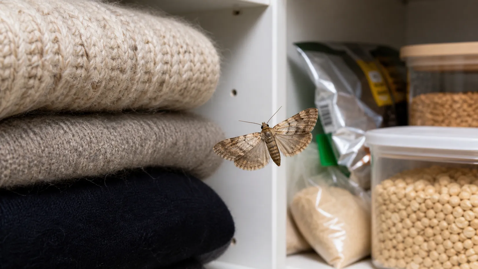 Moth on a shelf between folded wool knitwear and sealed pantry food containers