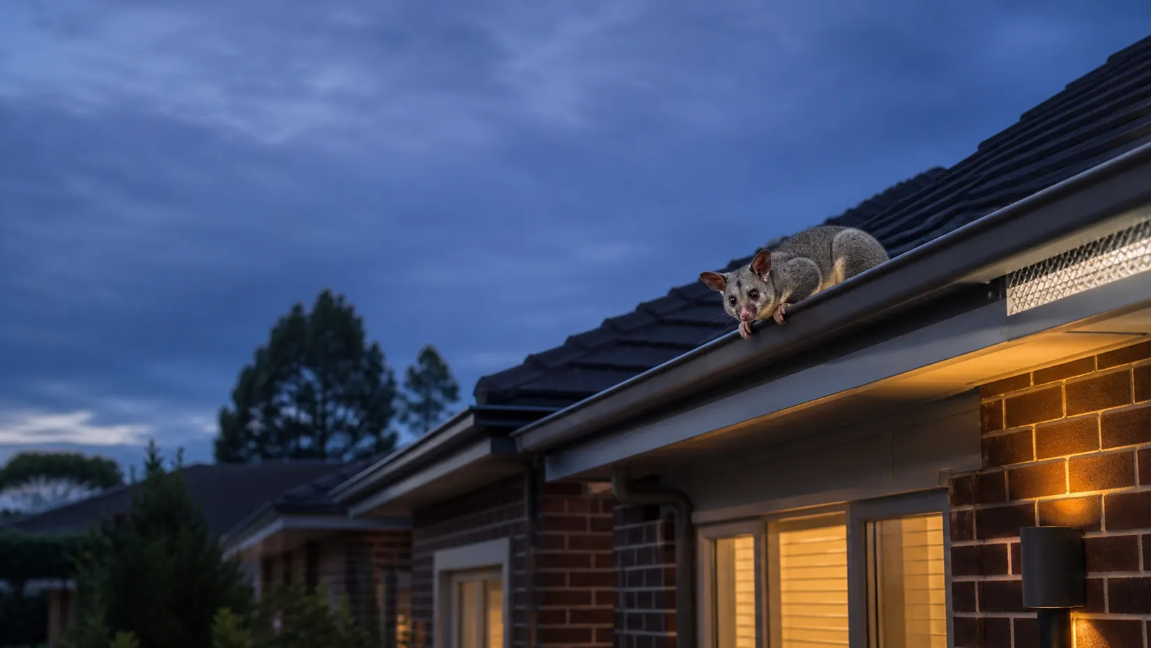 Brushtail possum on the roof edge of a brick house at dusk