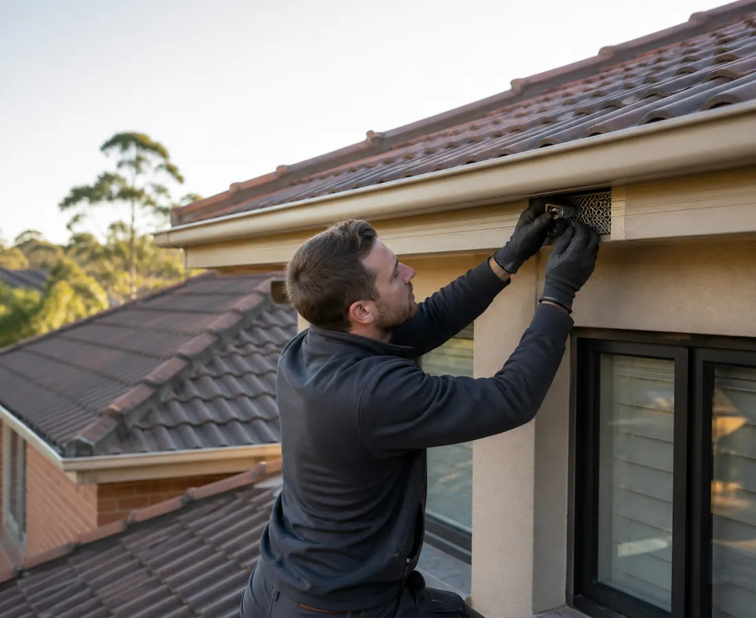 Technician sealing a gap under the eave of a tiled roof to stop possums getting back in