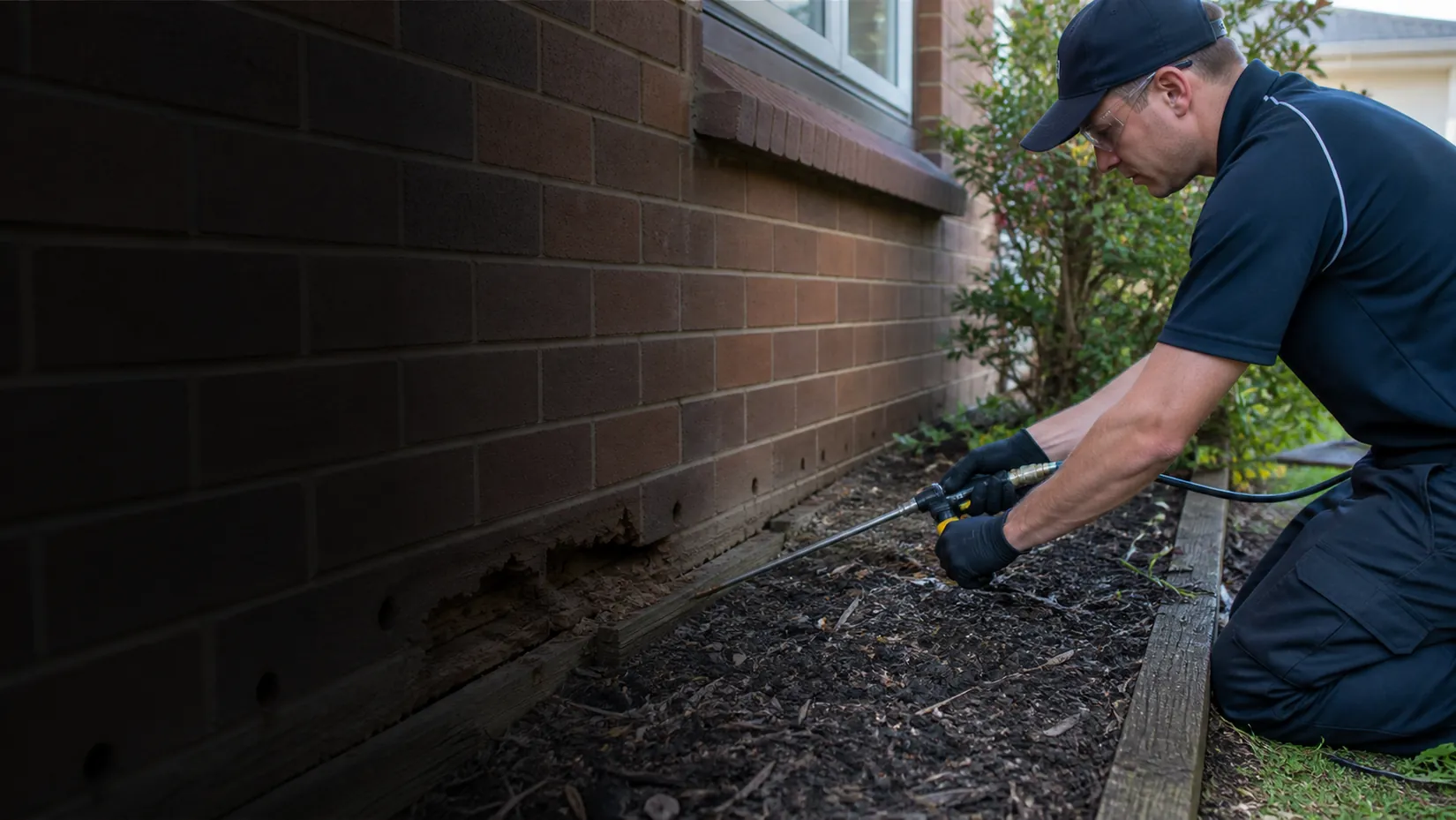 Pest control technician treating along the base of a brick house wall beside a garden bed