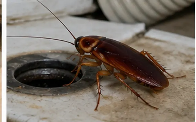 American cockroach beside a floor drain