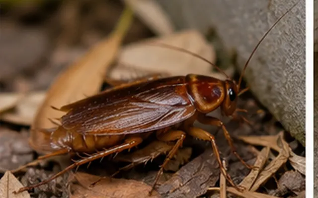 Australian cockroach among leaf litter beside a wall