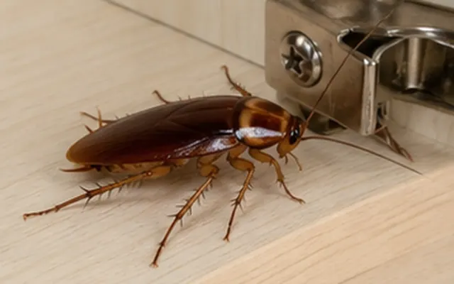 German cockroach on a kitchen cupboard shelf beside a hinge