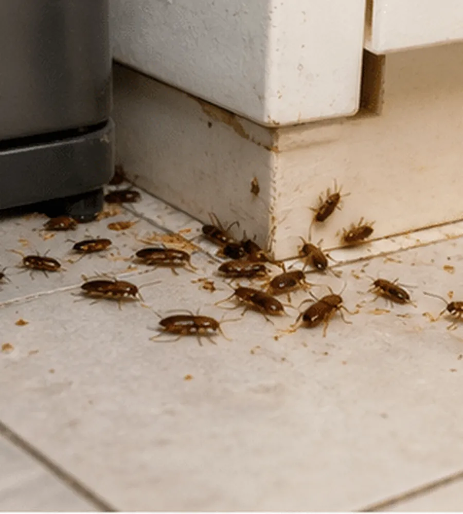Young German cockroaches gathered at the base of a kitchen cabinet