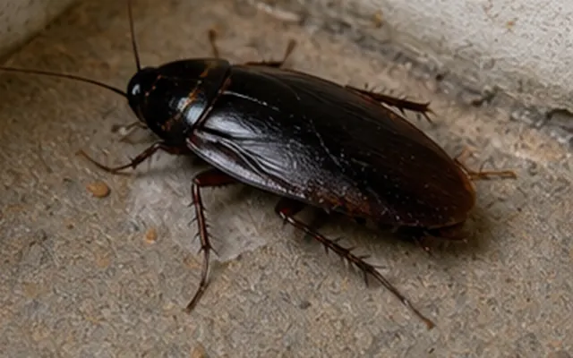 Dark oriental cockroach in the corner of a damp concrete floor