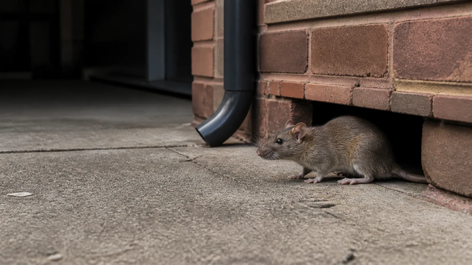 Rat running along a brick wall beside a downpipe and a gap under the house