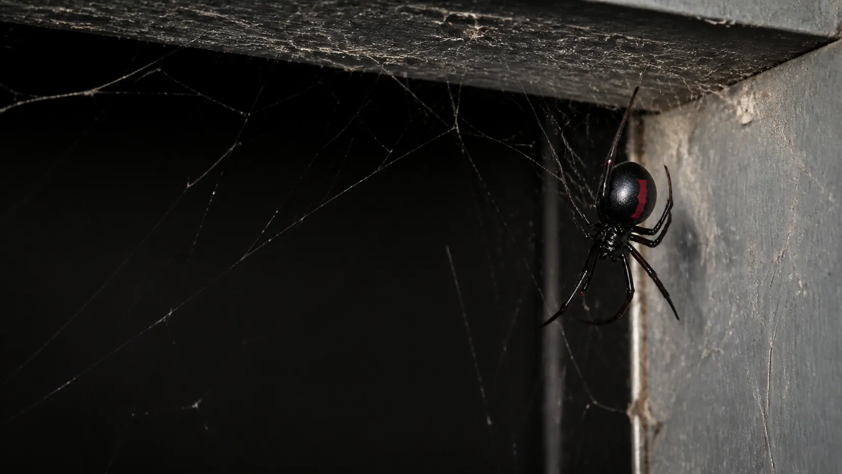 Redback spider hanging in its tangled web in a dark corner under a timber ledge