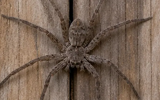 Large flat grey huntsman spider spread across a timber fence