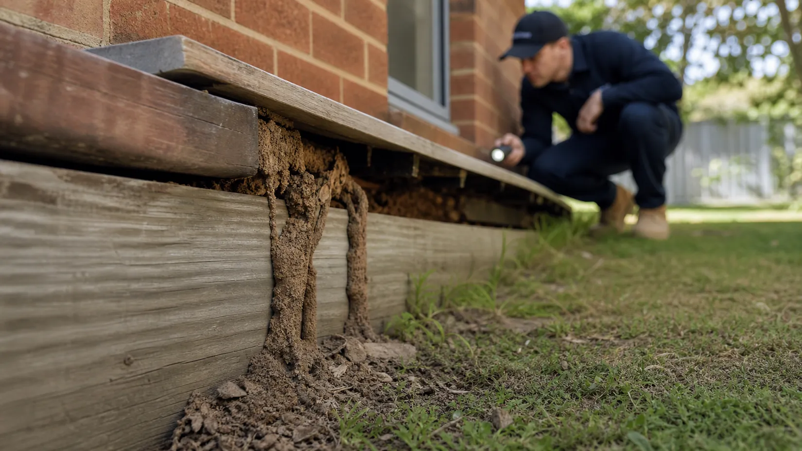 Pest technician inspecting termite mud tubes on timber garden edging beside a brick house