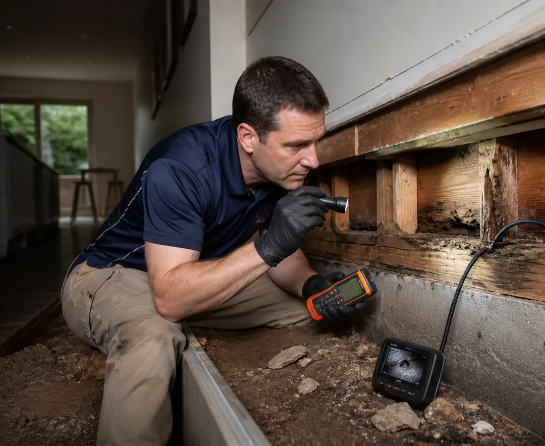 Technician using a torch and moisture meter to inspect subfloor timber for termites