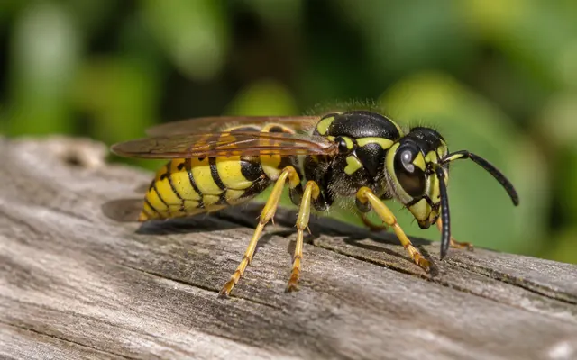 English wasp resting on weathered timber