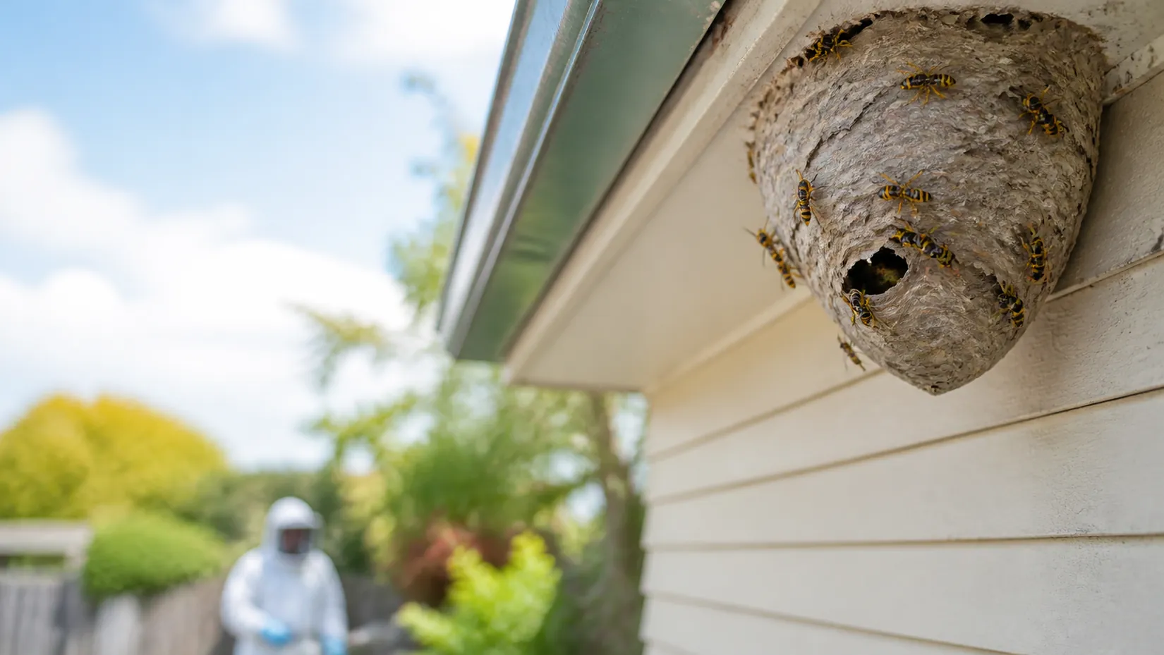 Enclosed wasp nest under the eave of a weatherboard house with a technician in protective gear behind