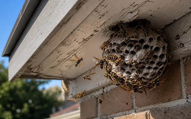 Paper wasps on an open grey comb nest under a house eave