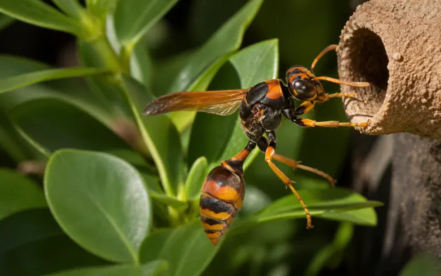 Potter wasp beside its small mud pot nest